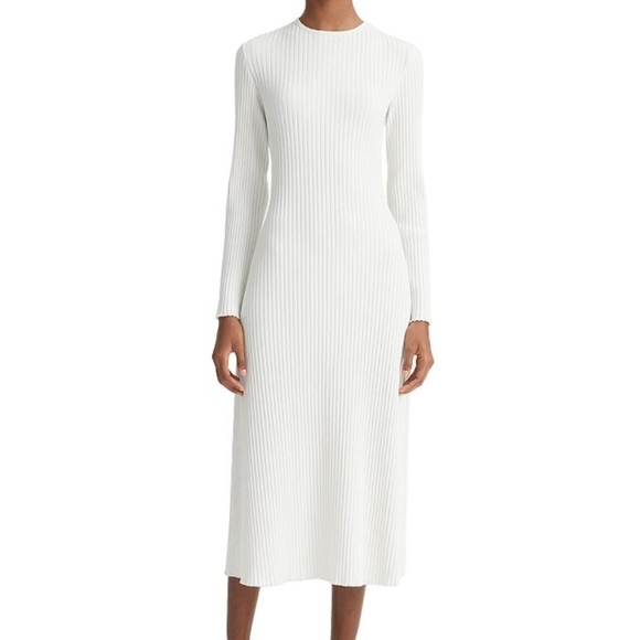Vince Ivory Ribbed Long Sleeve Midi Dress M - Picture 1 of 6